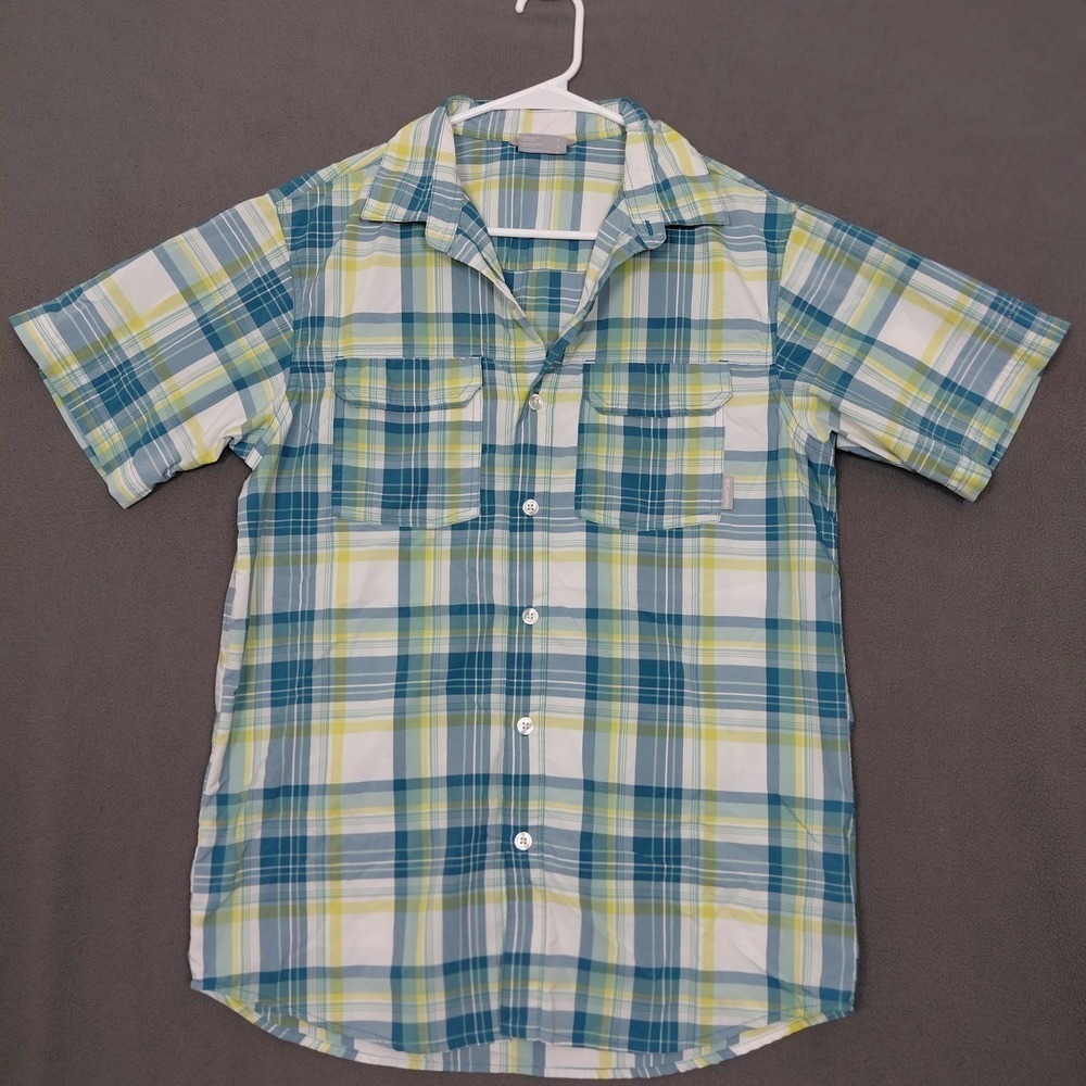Columbia Omni-Wick Mens S Shirt Blue Green Plaid Short Sleeve Button Down Pocket